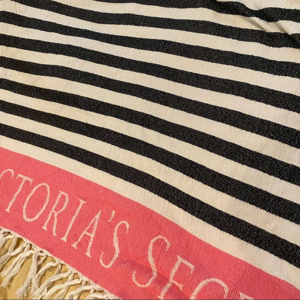 Victoria Secret Pink White Black Striped Fringe Beach Towel
